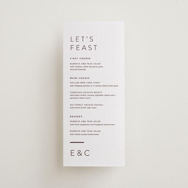 "Kismet" - Letterpress Menus in Clove by Alston Foster - Front