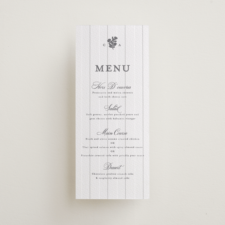 "Heirloom" - Letterpress Menus in Smoke by Creo Study - Front