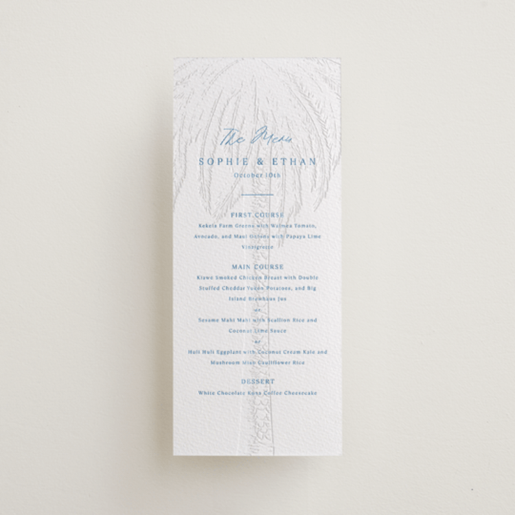 "Palm Tree" - Letterpress Menus in Marine Blue by Kaydi Bishop - Front