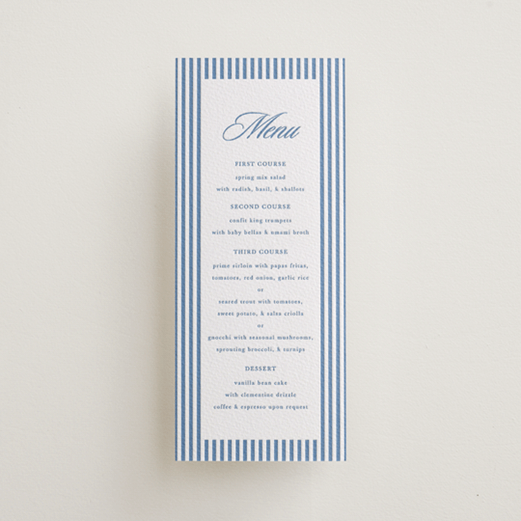 "Catamaran" - Letterpress Menus in Pacific Blue by Morgan Kendall - Front