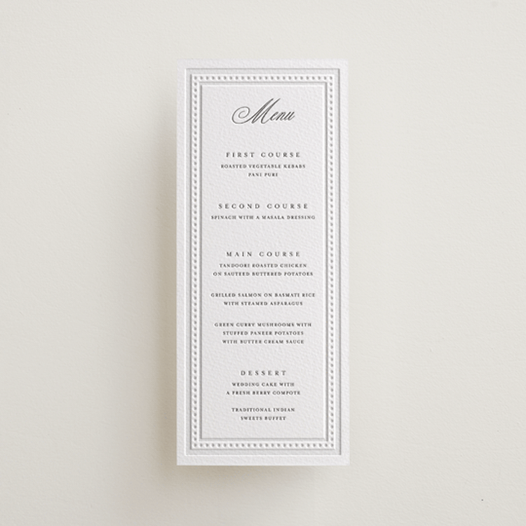 "Kamal" - Letterpress Menus in Soft Black by Oma N. Ramkhelawan - Front