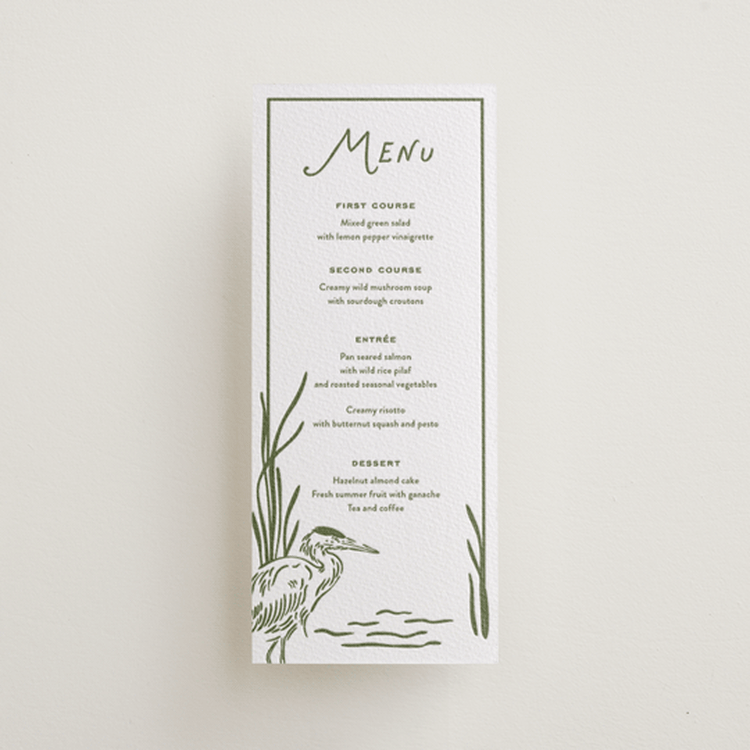 "Marshland" - Letterpress Menus in Artichoke by Oscar and Emma - Karly Depew - Front
