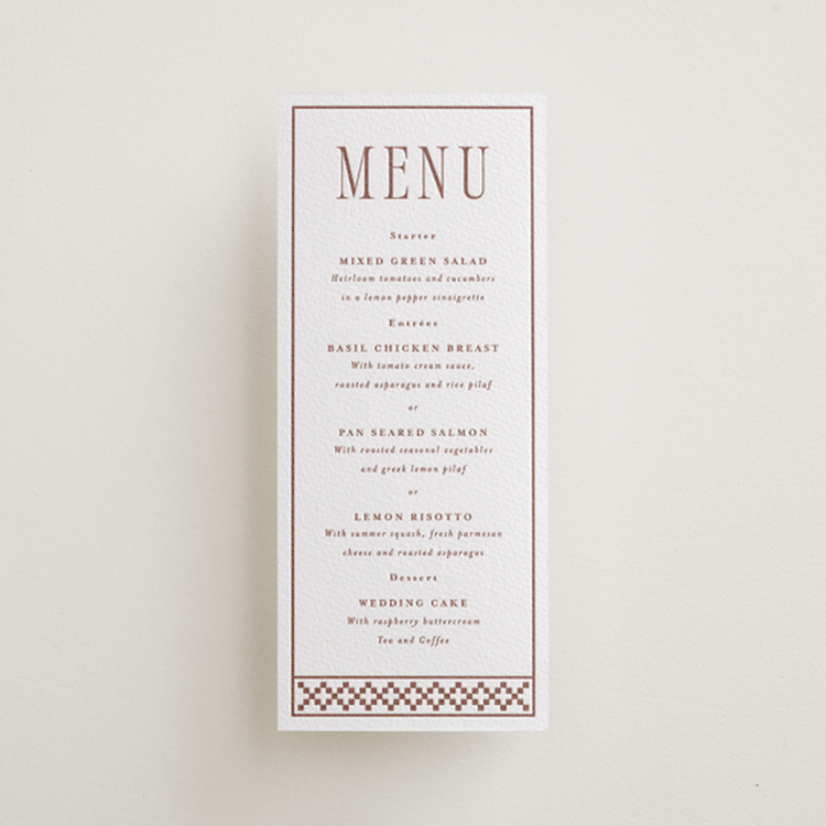 "Parker" - Letterpress Menus in Cinnamon by Angela Garrick - Front