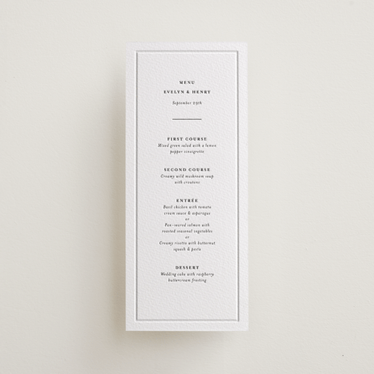 "Bespoke" - Letterpress Menus in Soft Black | Blind Deboss by Meggy Masters - Front