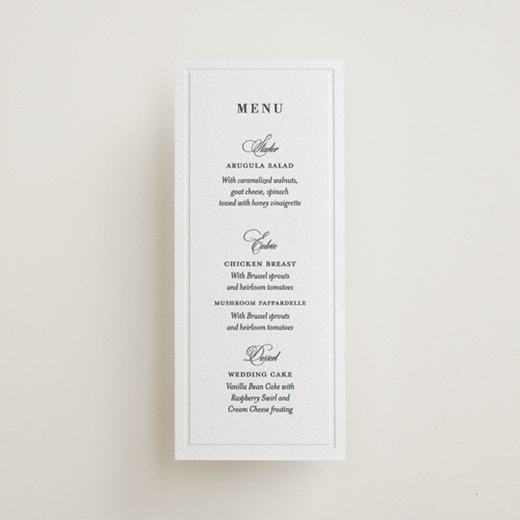 "Evergreen" - Letterpress Menus in Slate by Teju Reval - Front