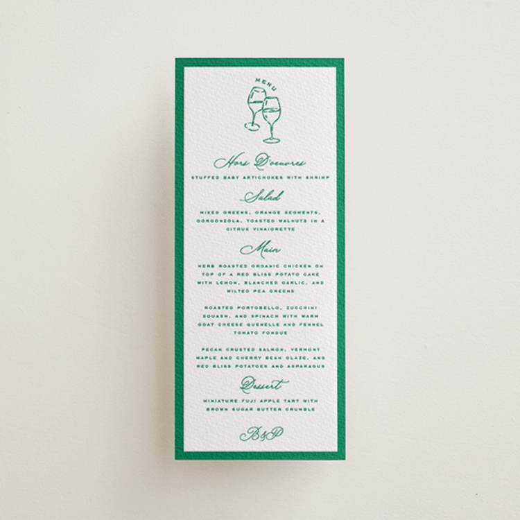 "Lakeview" - Letterpress Menus in Racing Green by Claudia Orengo - Front