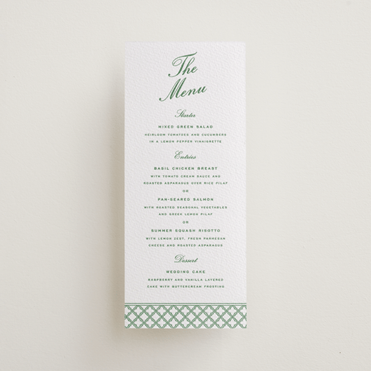 "Garden Trellis" - Letterpress Menus in Fern by Angela Garrick - Front