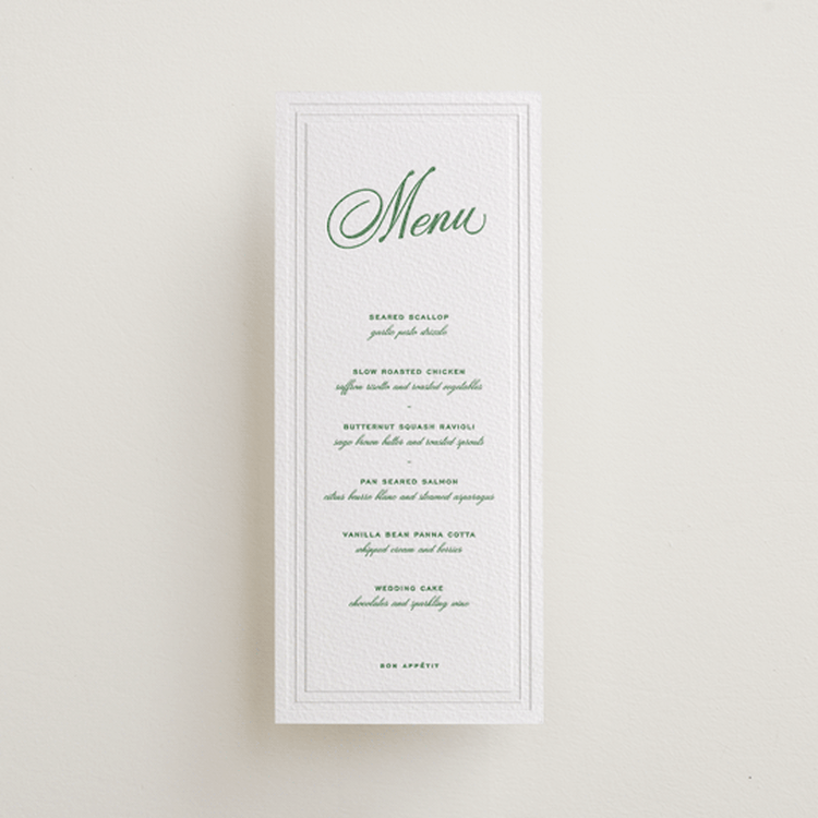"Keepsake" - Letterpress Menus in Fern by Blustery August - Front