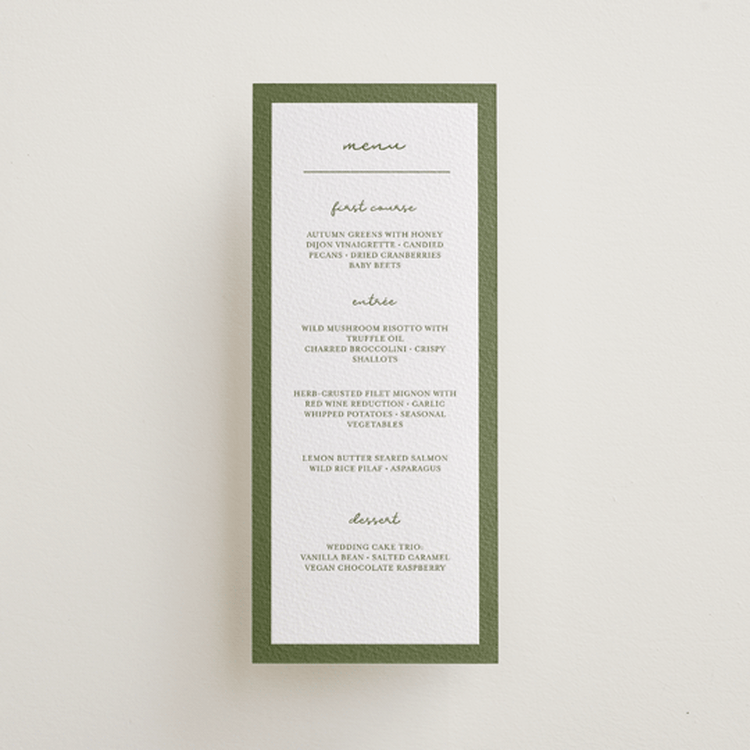 "The Verdure Suite" - Letterpress Menus in Artichoke by Brittney Jensen - Front