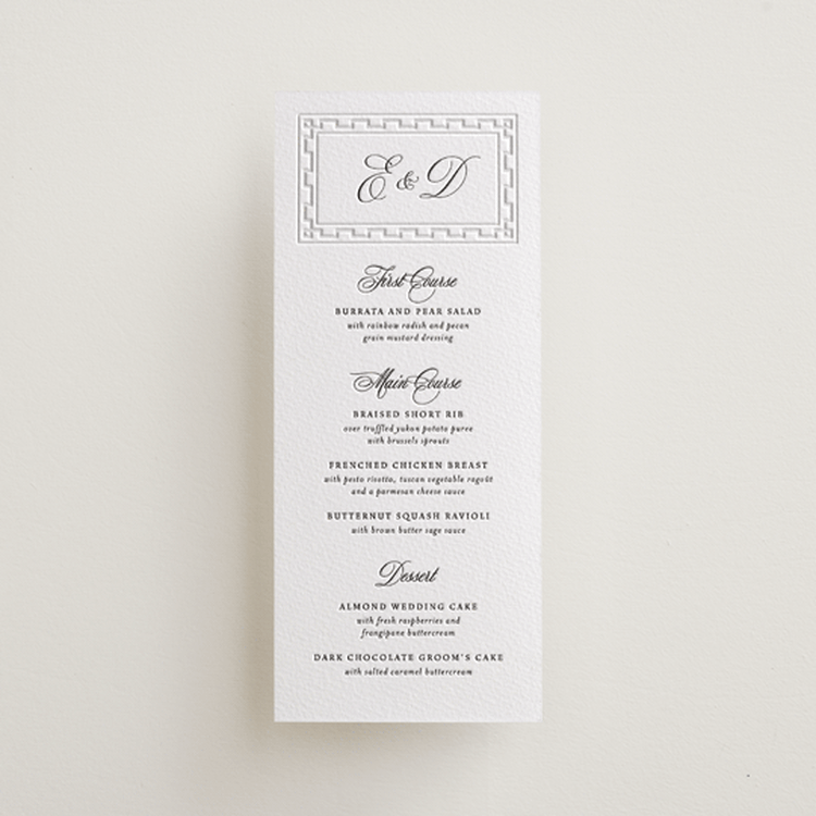 "Infinite" - Letterpress Menus in Soft Black | Blind Deboss by Alston Foster - Front