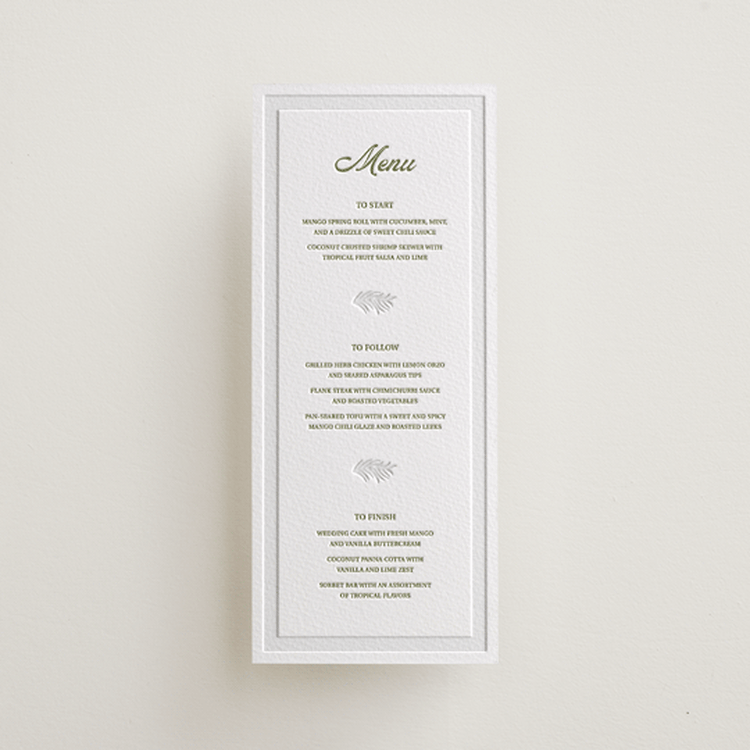 "Palm Shade" - Letterpress Menus in Olive | Blind Deboss by Julia Liverton - Front