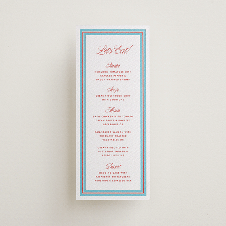 "Charm" - Letterpress Menus in Ruby | Vista by Kelly Watkins - Front