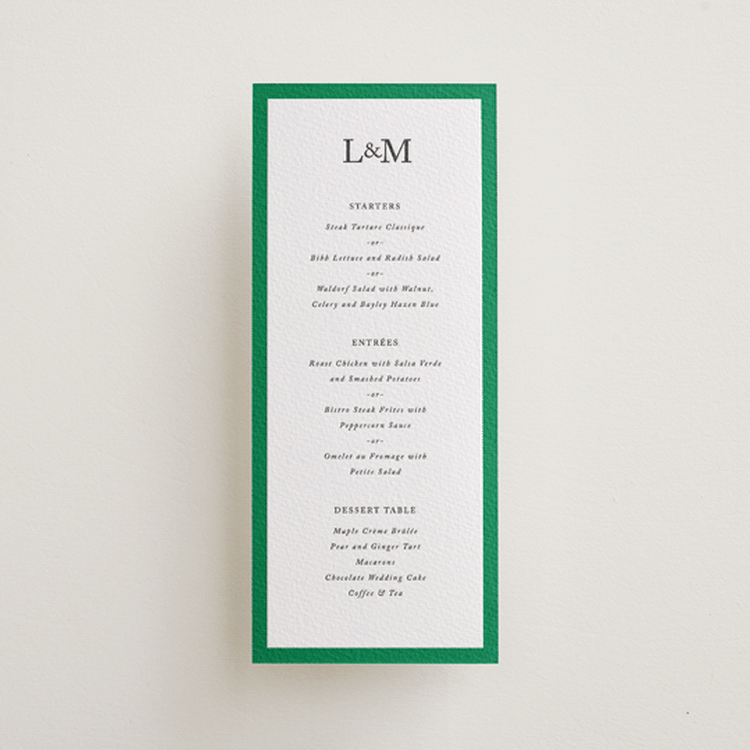"Classic Initials" - Letterpress Menus in Soft Black by mo kelley - Front