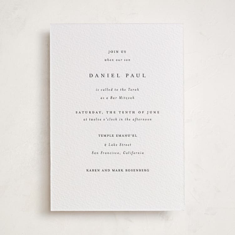 "A Thousand Years" - Letterpress Bar and Bat Mitzvah Invitations in Soft Black by Design Lotus - Front