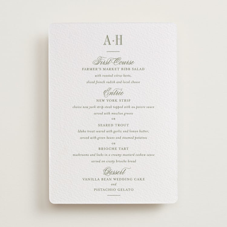 "Hepburn" - Letterpress Menus in Artichoke by Megan Davis - Front