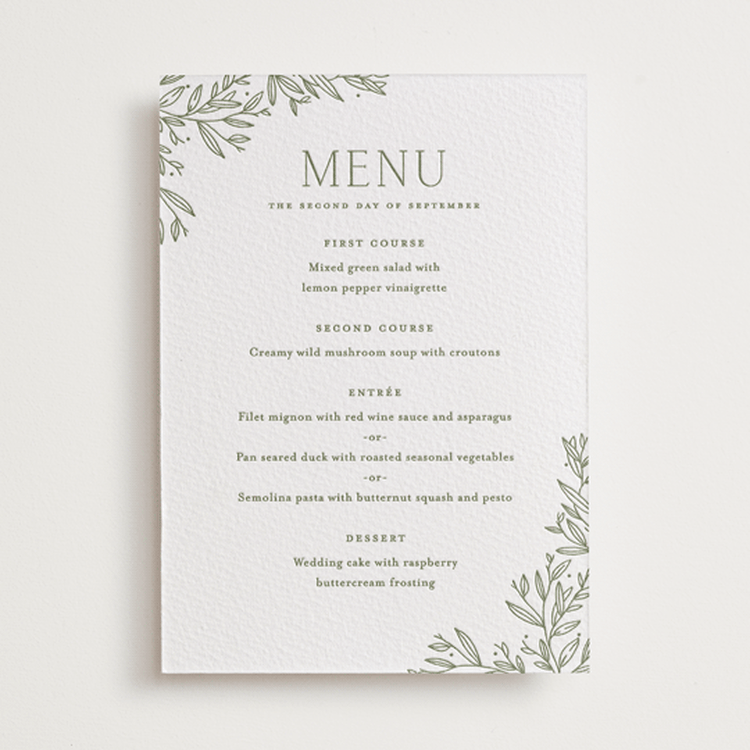 "Beauty of Nature" - Letterpress Menus in Artichoke by Oscar and Emma - Karly Depew - Front