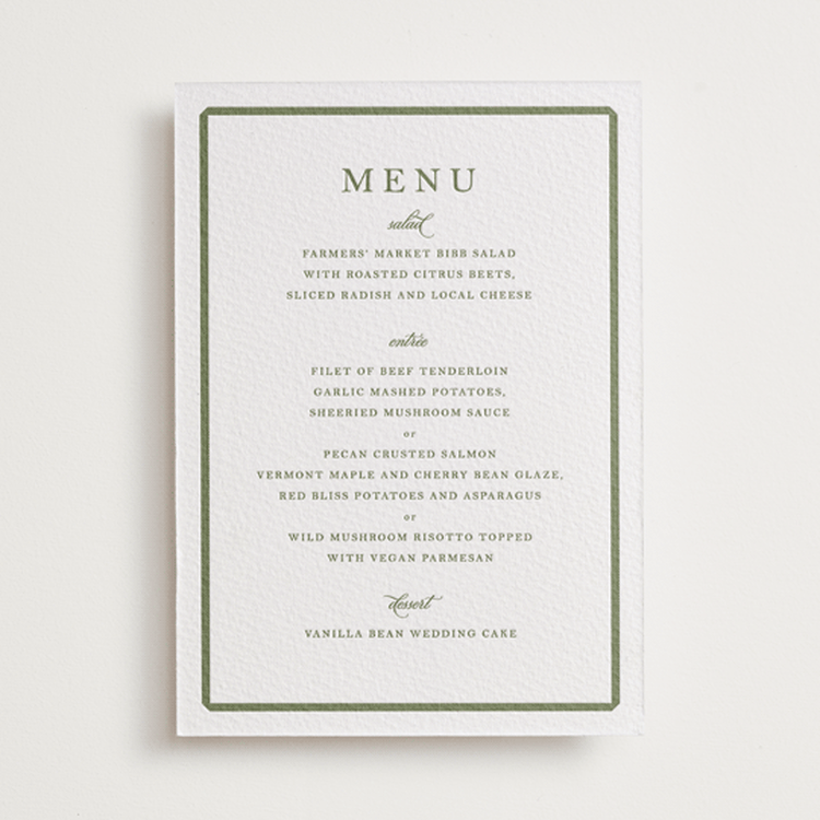 "Bevel" - Letterpress Menus in Artichoke by Megan Davis - Front