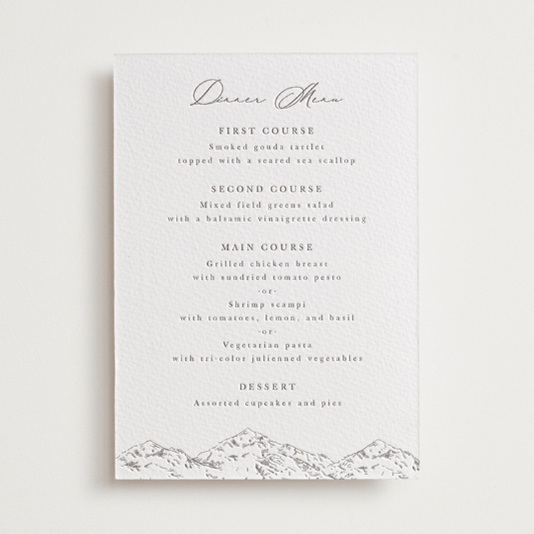 "Mountainview" - Letterpress Menus in Graphite by Sarah Brown - Front