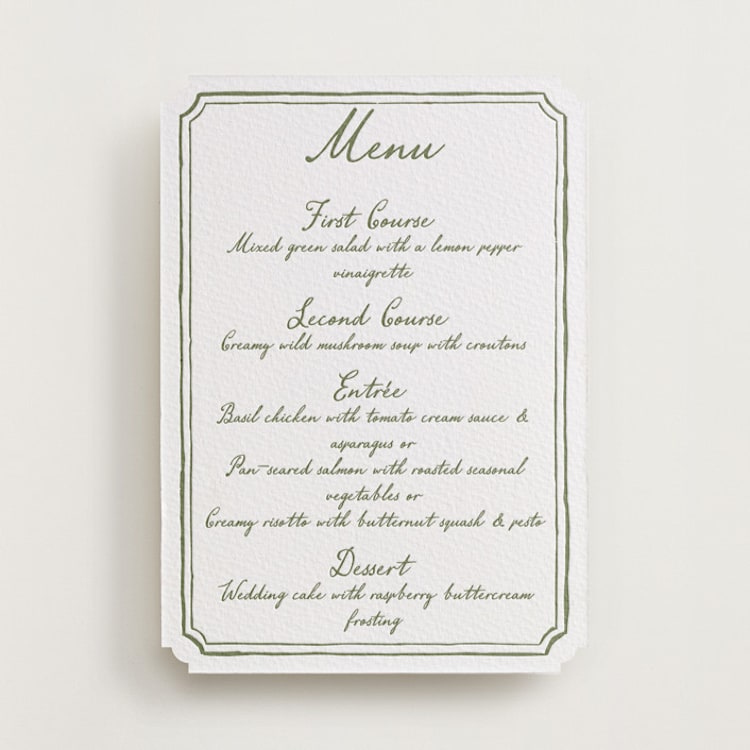 "Handwritten" - Letterpress Menus in Artichoke by Cass Loh - Front
