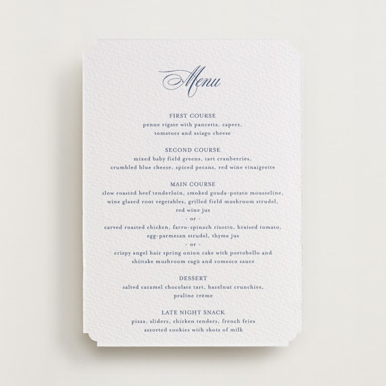 "Empire" - Letterpress Menus in Blueberry by Jennifer Postorino - Front