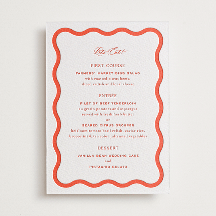 "Racquet" - Letterpress Menus in Verona Sunset by Megan Davis - Front