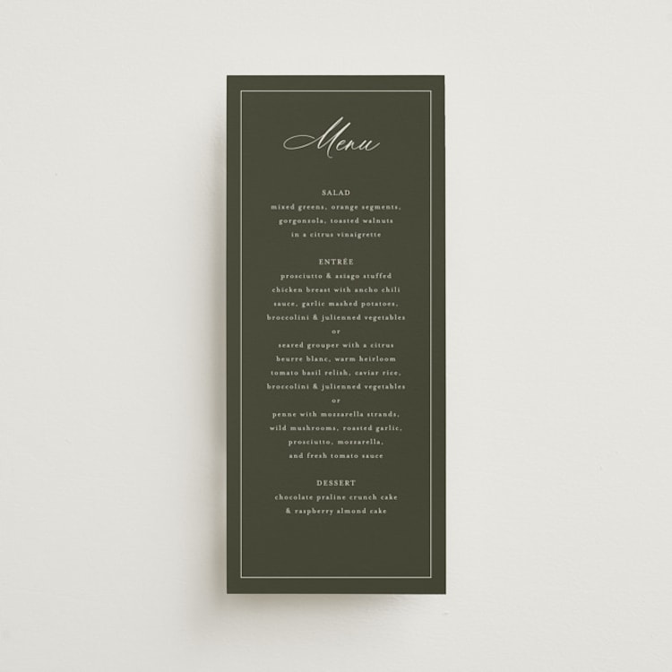 "Refined" - Menus in Deep Olive by Nicole Walsh - Front