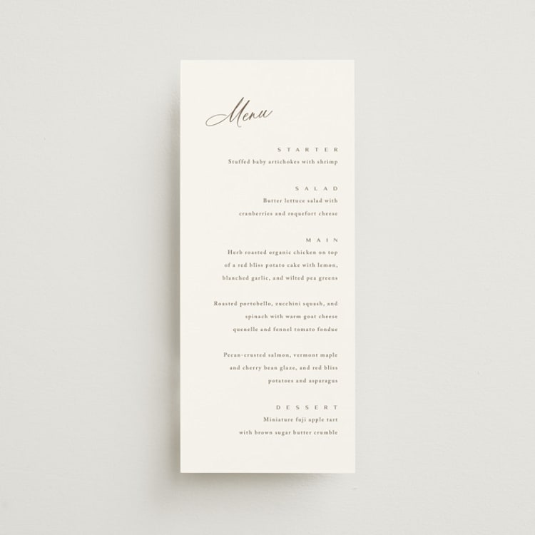"Whimsy" - Menus in Latte by Cara Scott - Front