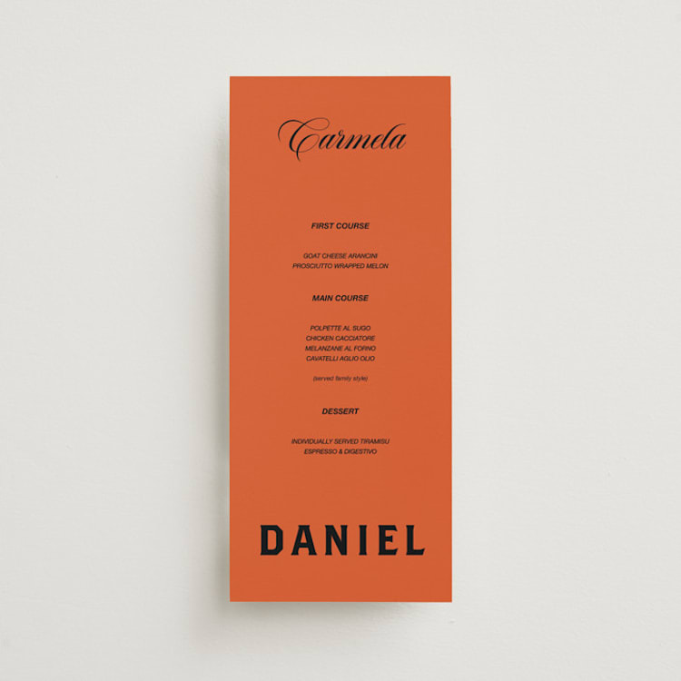 "Bold and Demure" - Menus in Amaro by Studio Suku - Front