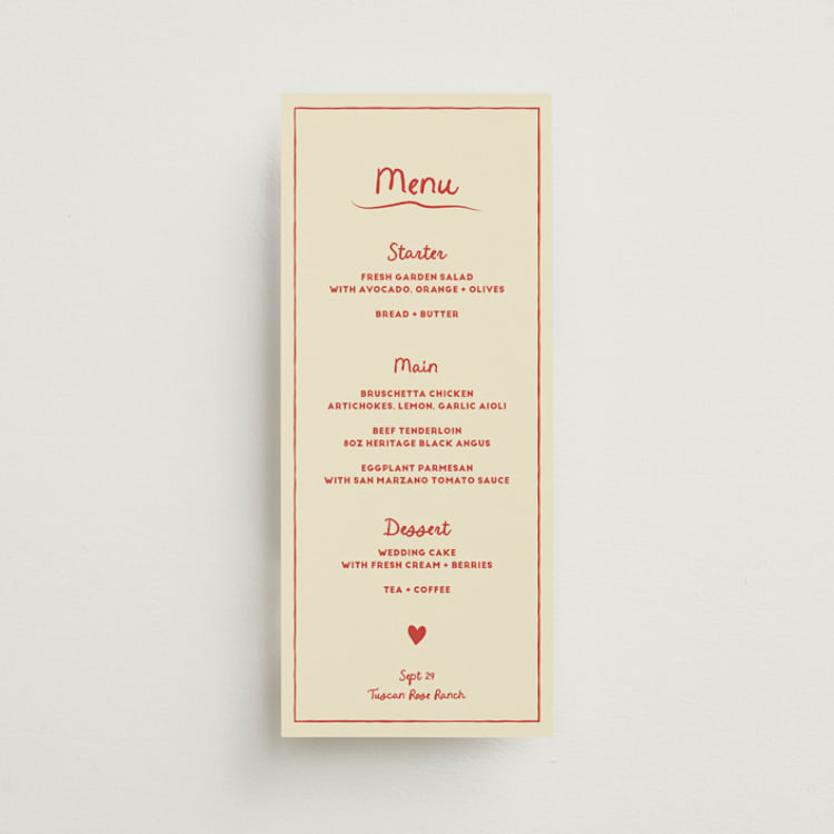 "Big Heart Wedding" - Menus in Cherry by Ani Somi - Front