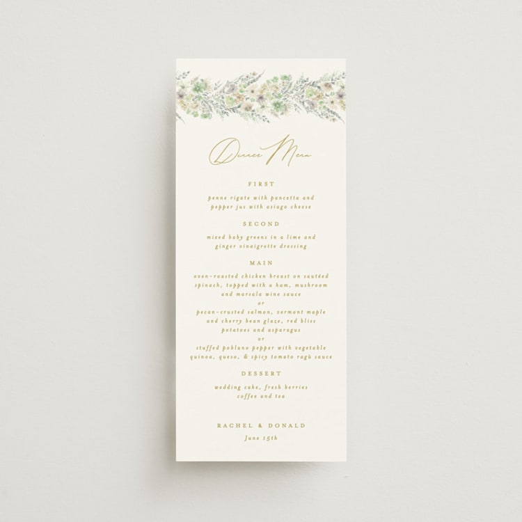 "Floral Arch" - Menus in Greenery by Phrosné Barwood - Front