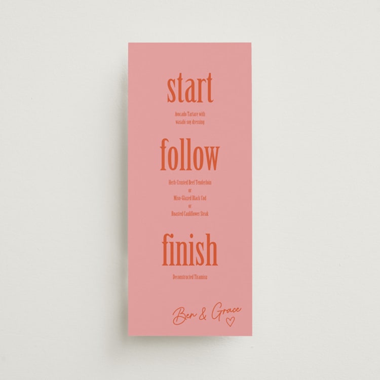 "Amuse-Bouche" - Menus in Berry Orange by Inkblot Design - Front