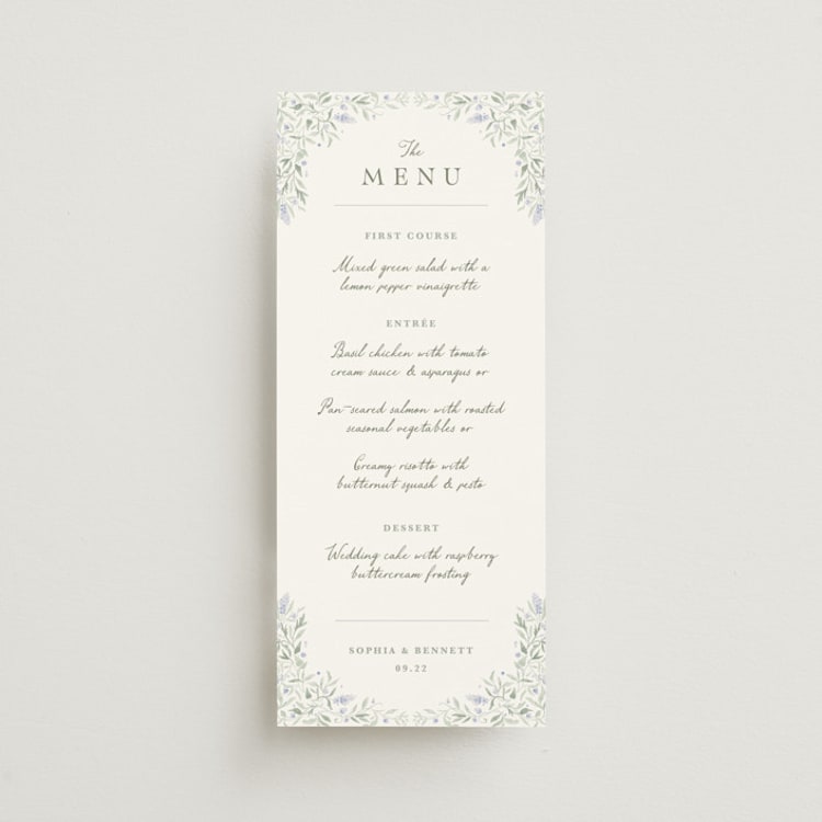"Delicate Vines" - Menus in Periwinkle by Kristen Smith - Front