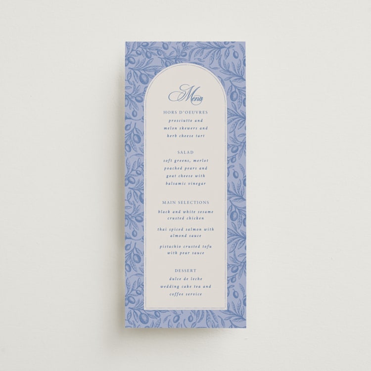 "Amalfi Blue" - Menus in Blue Mist by Design Lotus - Front
