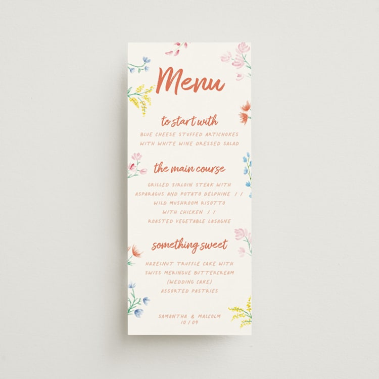 "Flora" - Menus in Peach by Zani van Zyl - Front