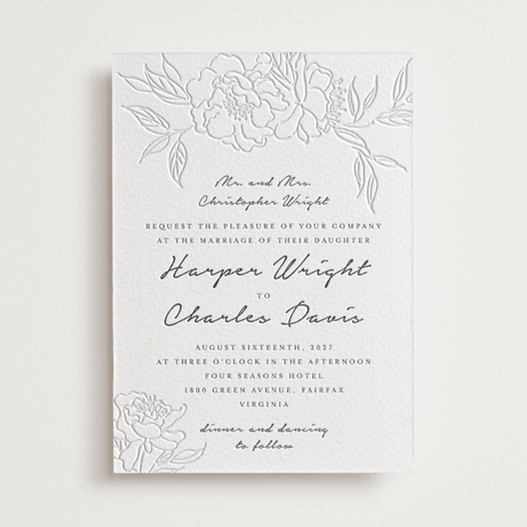 "my dearest" - Letterpress Wedding Invitations in Blind Deboss | Soft Black by Qing Ji - Front