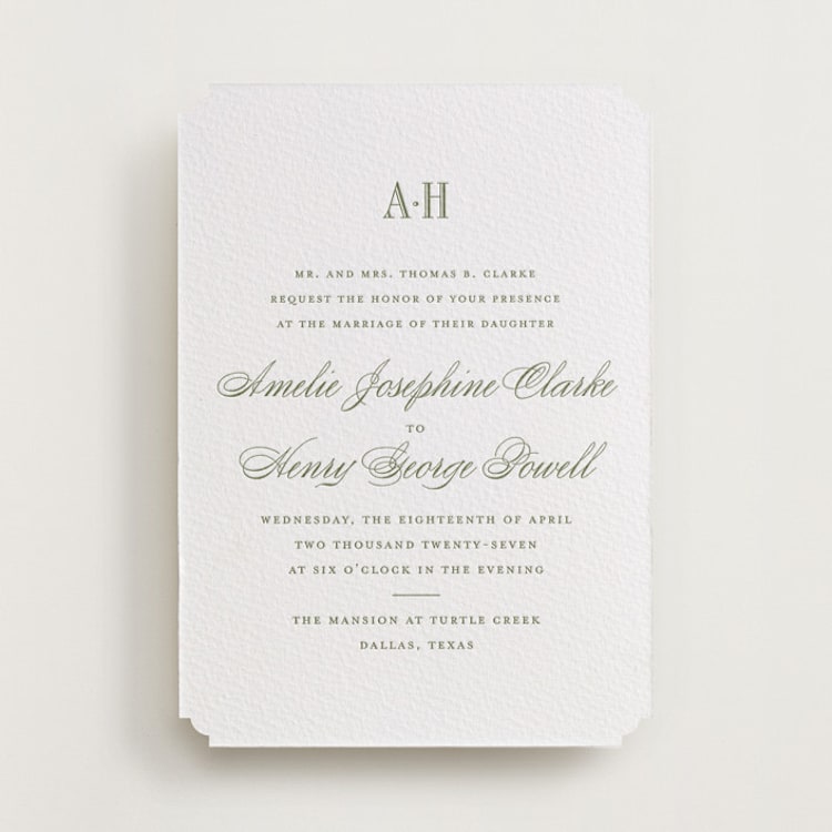 "Hepburn" - Letterpress Wedding Invitations in Artichoke by Megan Davis - Front