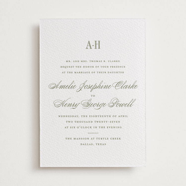 "Hepburn" - Letterpress Wedding Invitations in Artichoke by Megan Davis - Front