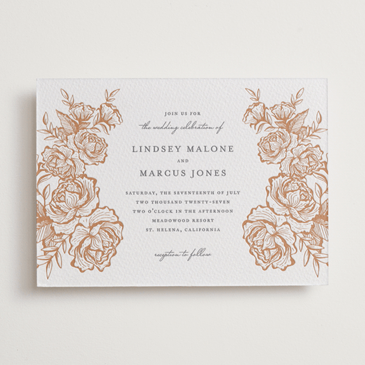 "In Bloom" - Letterpress Wedding Invitations in Sandstone | Smoke by Jennifer Postorino - Front