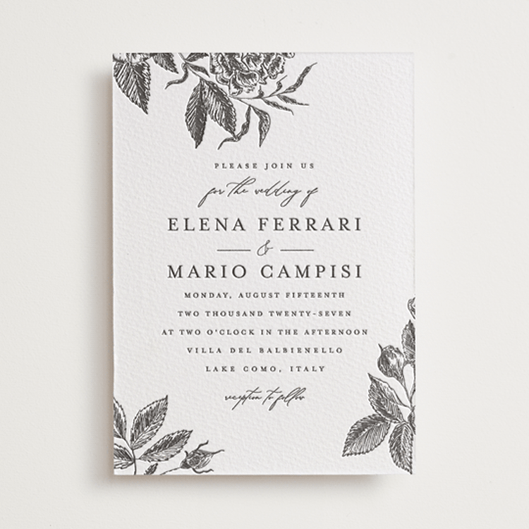 "Etchings of Roses" - Letterpress Wedding Invitations in Soft Black by Chris Griffith - Front