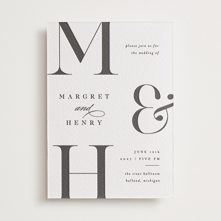 "Trio" - Letterpress Wedding Invitations in Soft Black by Pixel and Hank - Front