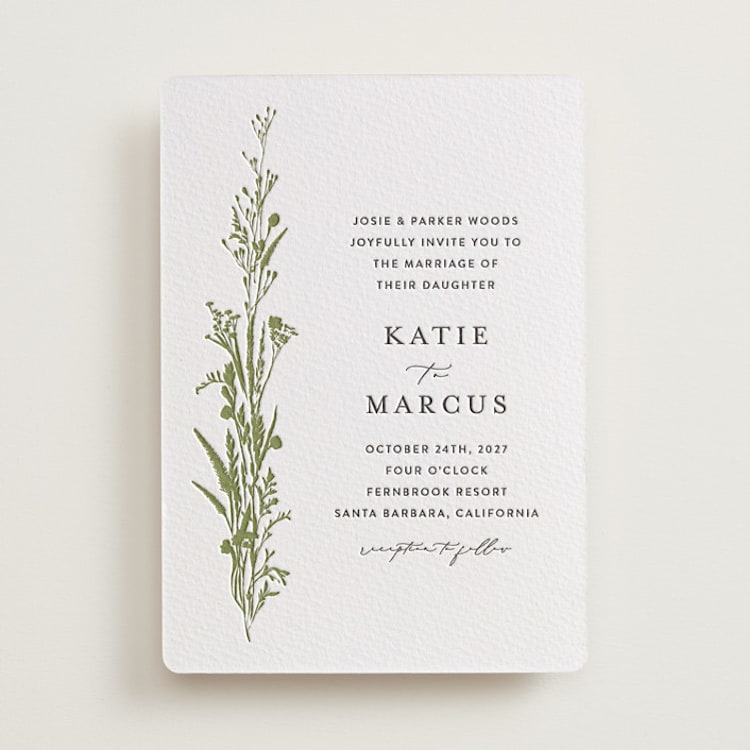"Gathered" - Letterpress Wedding Invitations in Olive | Soft Black by Susan Moyal - Front