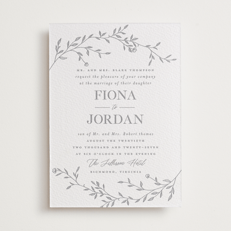 "Jasmine" - Letterpress Wedding Invitations in Granite by Vera Lim - Front