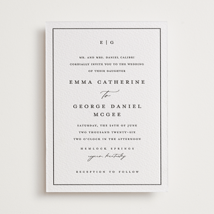 "heritage" - Letterpress Wedding Invitations in Soft Black by Stacey Meacham - Front