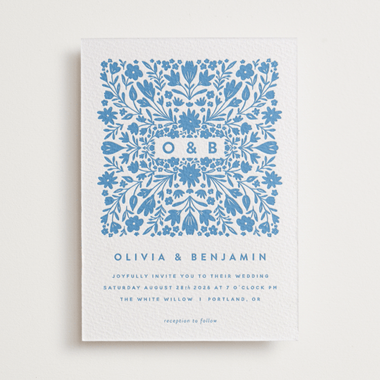 "Floral Stamp" - Letterpress Wedding Invitations in Marine Blue by Stephanie Hawkes - Front