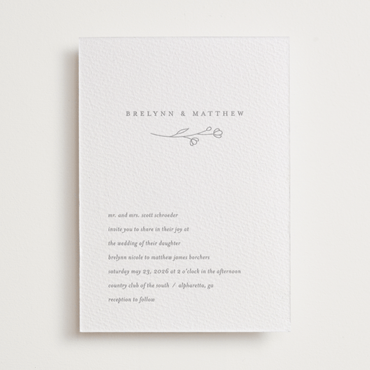 "Essence" - Letterpress Wedding Invitations in Granite by Jennifer Postorino - Front
