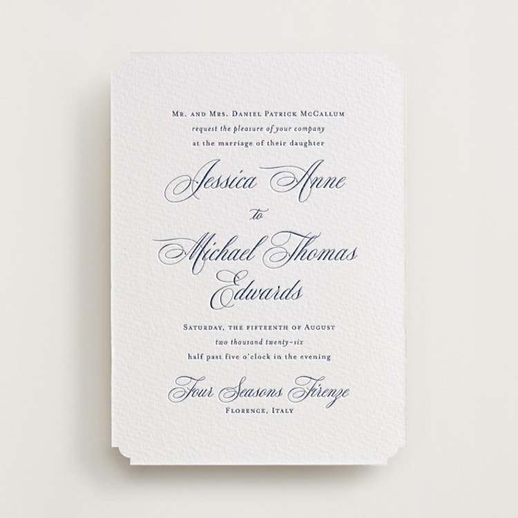 "Empire" - Letterpress Wedding Invitations in Blueberry by Jennifer Postorino - Front