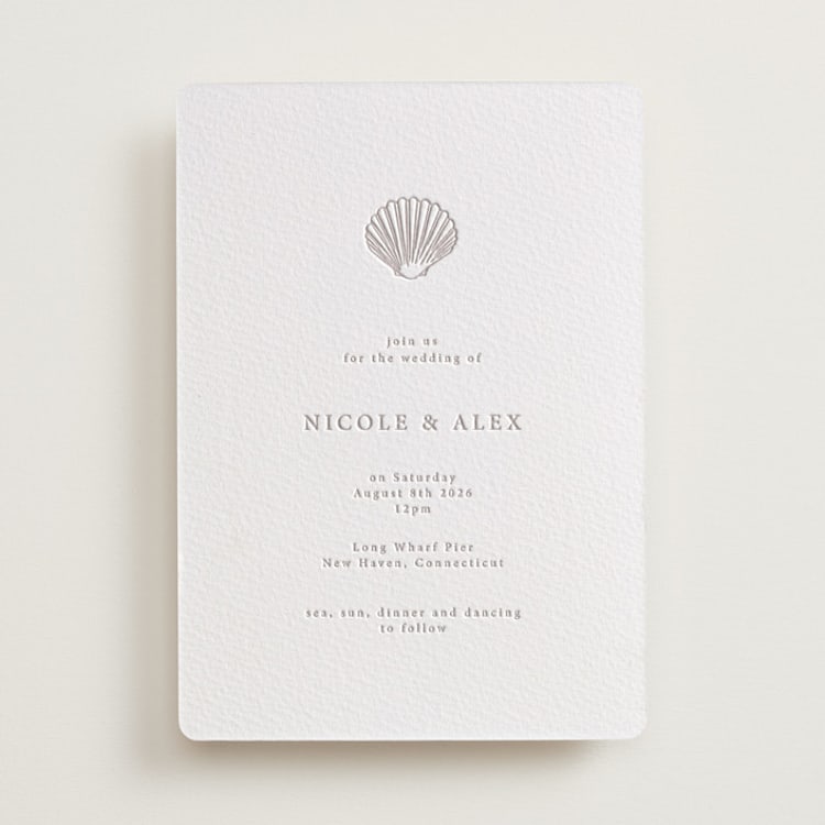 "Simple Seashell" - Letterpress Wedding Invitations in Dove Grey by Hannah Bowman - Front