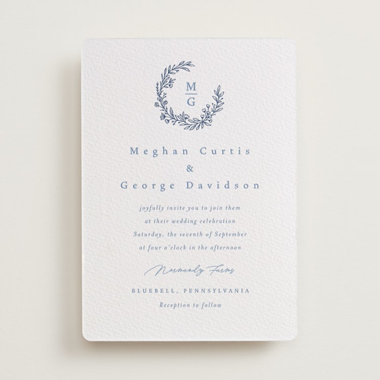 "Wreathed Monogram" - Letterpress Wedding Invitations in Pacific Blue | Blueberry by Katherine Moynagh - Front