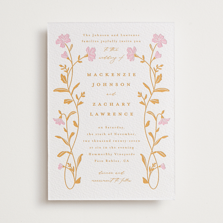 "Mirror Floral" - Letterpress Wedding Invitations in Saffron | Peony by Everett Paper Goods - Front