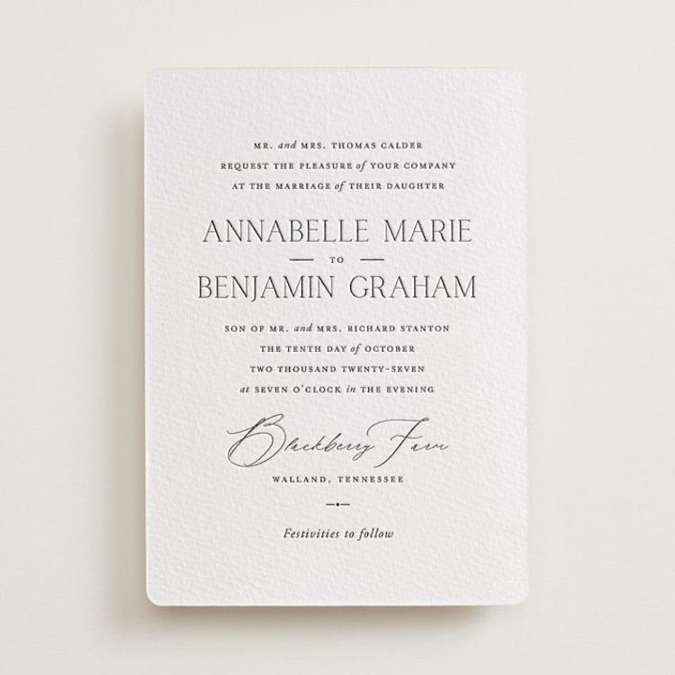 "Perennial" - Letterpress Wedding Invitations in Soft Black by Oscar and Emma - Karly Depew - Front